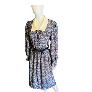 Vintage Blue Cream Floral Dress Size 10 Western Prairie Cottage Granny Secretary